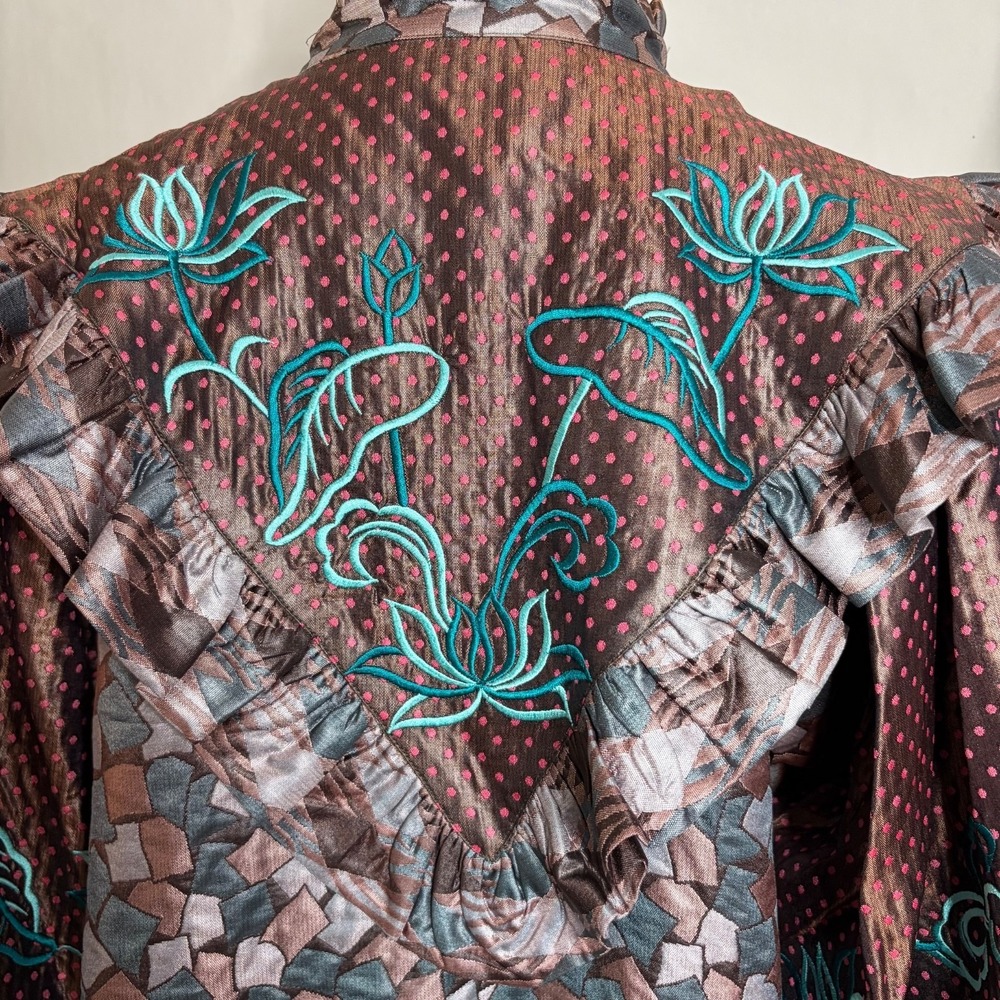 Vintage Diane Freis Top L Brown Floral Dot Puff Sleeve Boho Prairie Blouse - Picture 8 of 12
